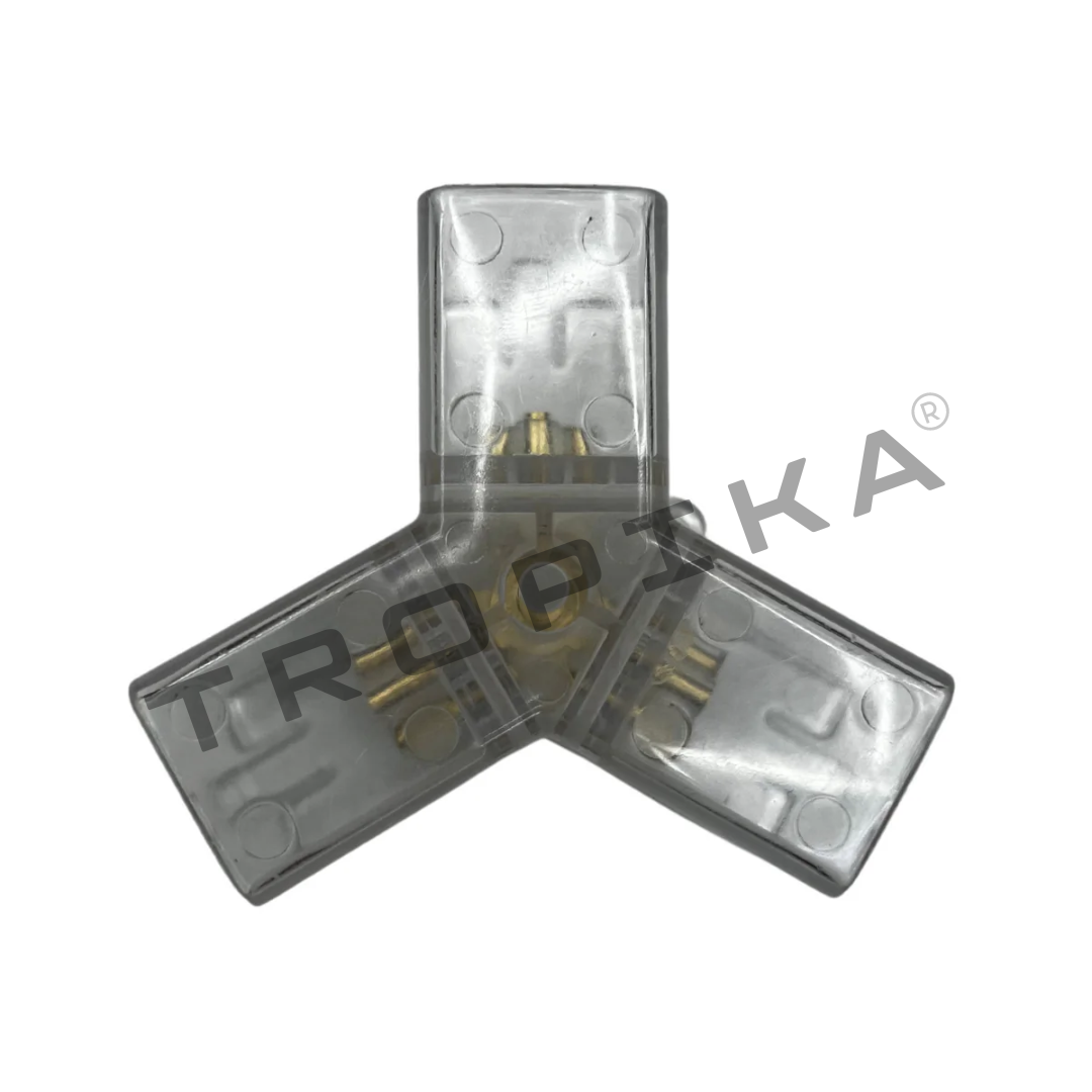 Módulo conector acrílico en cruz 3x120° AX050 - vista de contactos dorados
