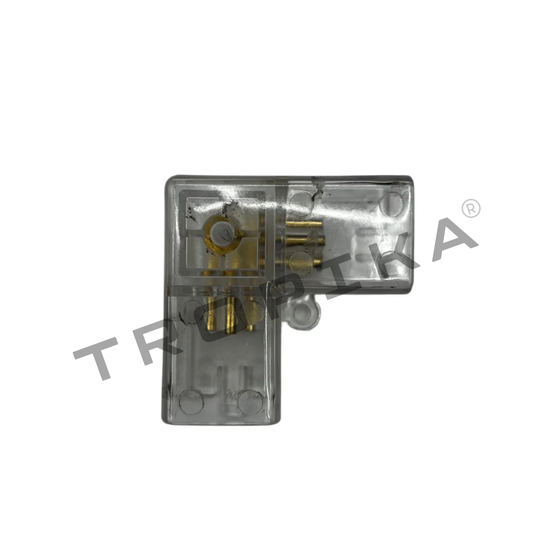 Módulo conector acrílico en L 90° AX049 - vista de contactos dorados