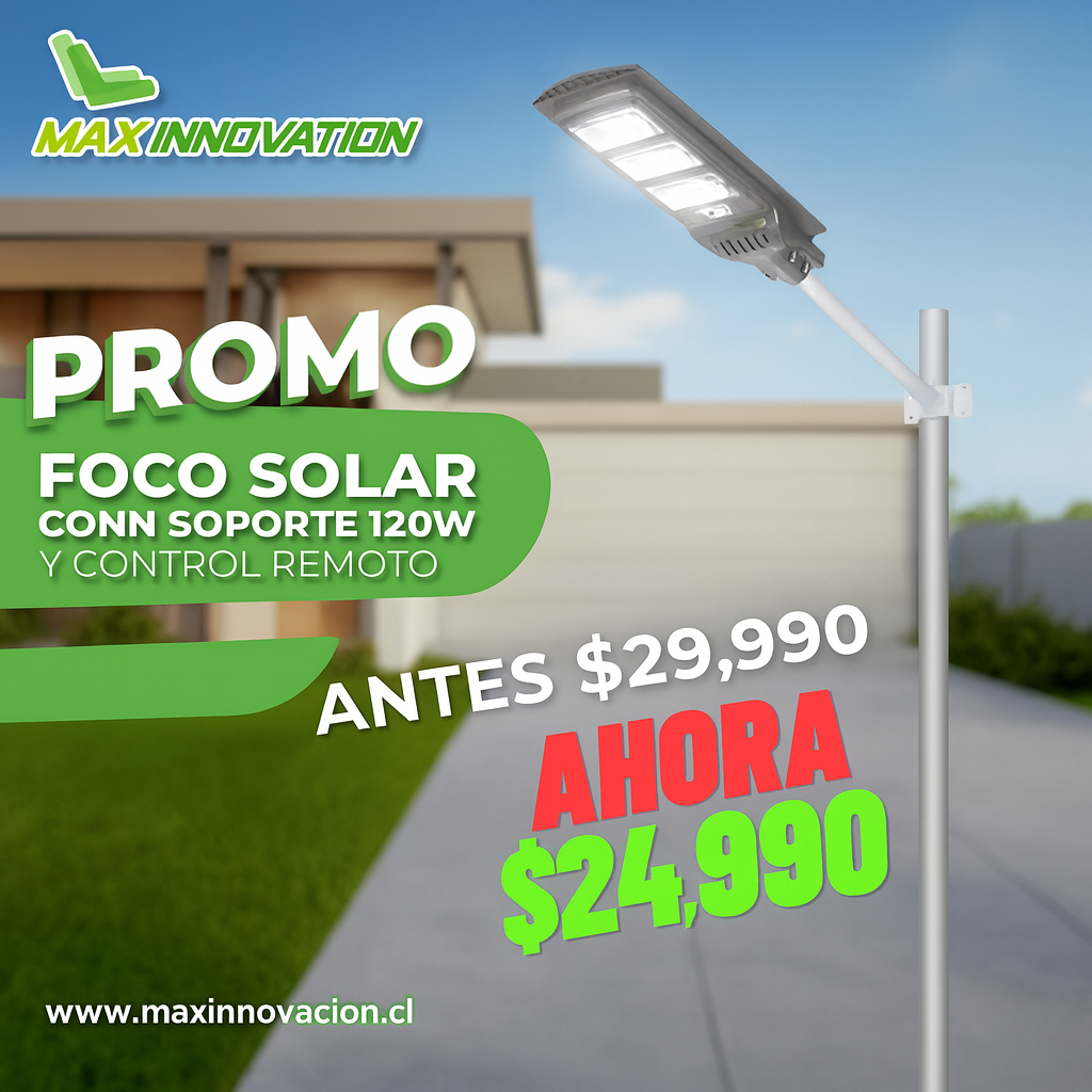 Foco Solar LED 120W con Soporte y Control Remoto – Impermeable + Panel Solar