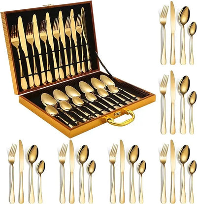 Juego De Cubiertos 24 Piezas En Caja De Madera, Dorado
