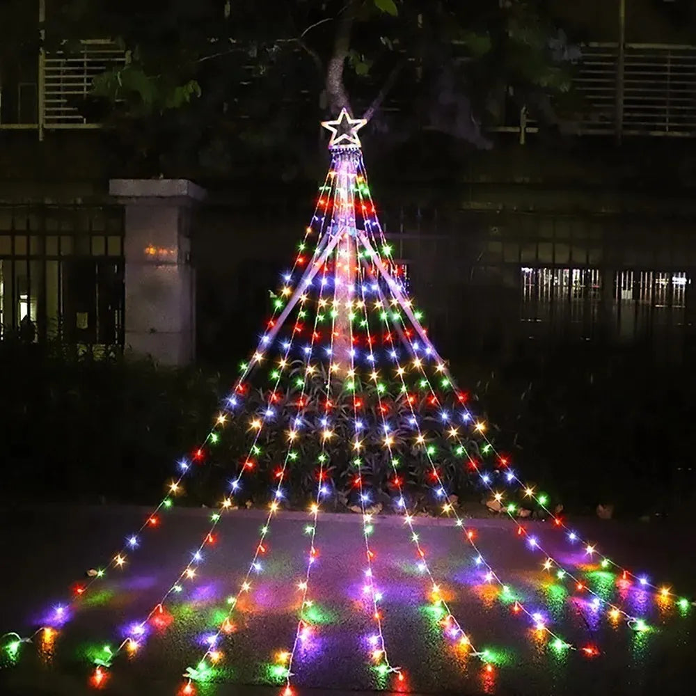 Cascada De Árbol Navidad Con Estrella Luz Solar Colores