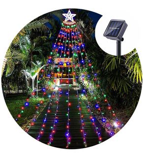 Cascada De Árbol Navidad Con Estrella Luz Solar Colores