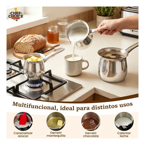 Set de 3 jarras lecheras de acero inoxidable con mango  200 / 400 / 600 Ml