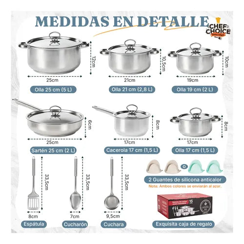 Juego De ollas y utensilios con Tapa De Acero y Acabado Brillante