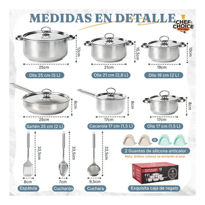 Juego De ollas y utensilios con Tapa De Acero y Acabado Brillante