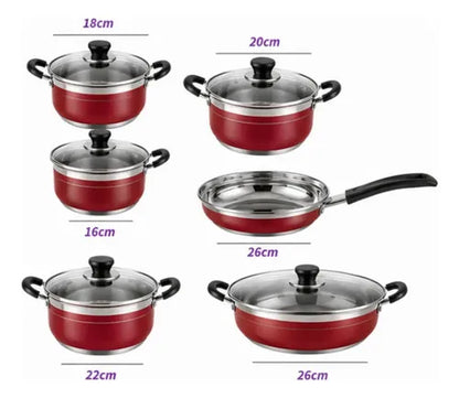 Juego  De Cocina 12 Piezas color rojo Fondo Reforzado Multiuso. 18/18/20/22/26/26 cm