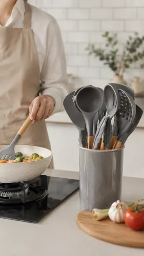 Juego De Utensilios De Cocina De Silicona 12 Piezas color Gris
