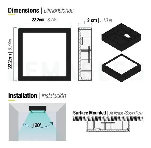 Panel LED cuadrado sobrepuesto AX062 - detalle encendido