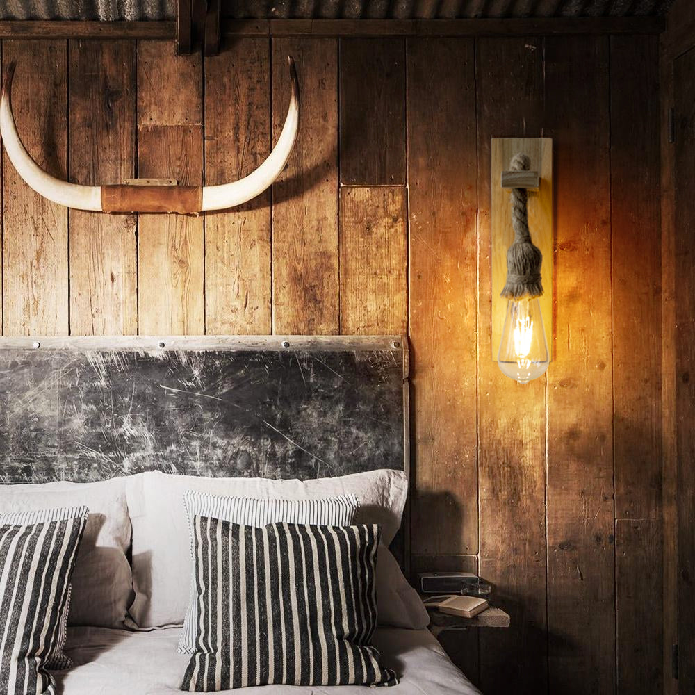 Set 4 Lámpara De Pared De Madera Estilo Americano Con Cordón