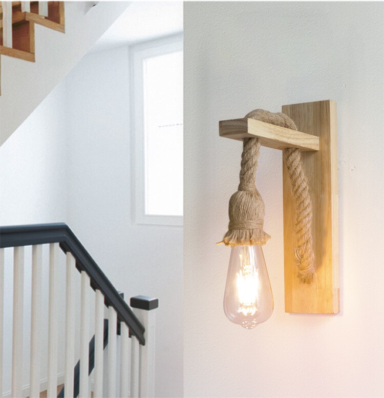 Set 4 Lámpara De Pared De Madera Estilo Americano Con Cordón