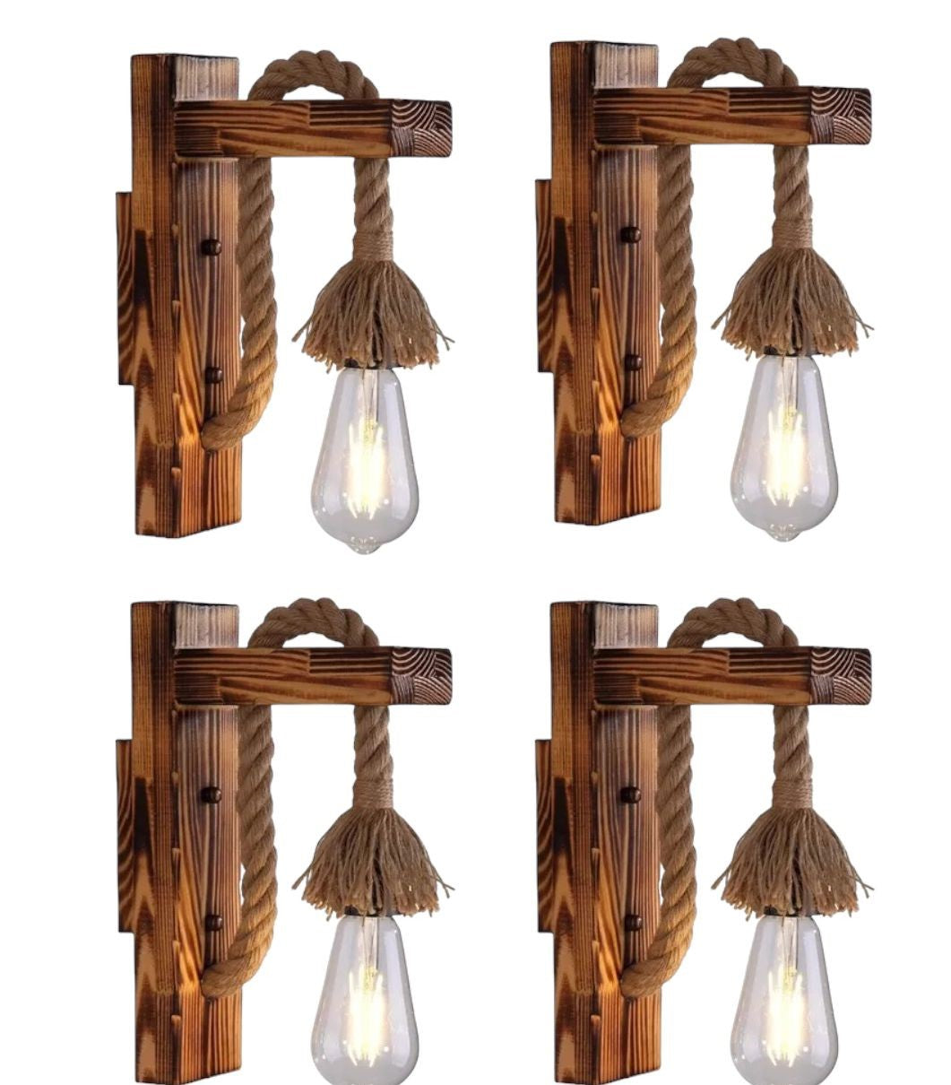 Set 4 Lámpara De Pared De Madera Estilo Americano Con Cordón