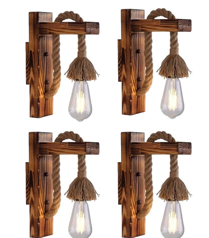 Set 4 Lámpara De Pared De Madera Estilo Americano Con Cordón
