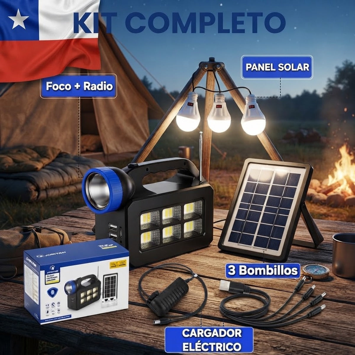 Kit solar camping completo con foco, radio, panel solar y 3 ampolletas
