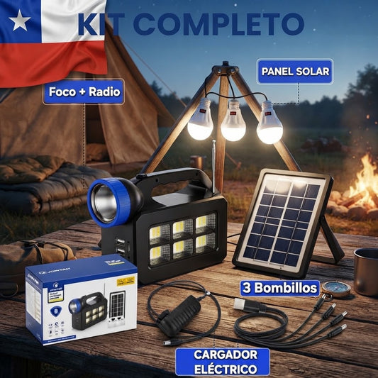 Kit solar camping completo con foco, radio, panel solar y 3 ampolletas