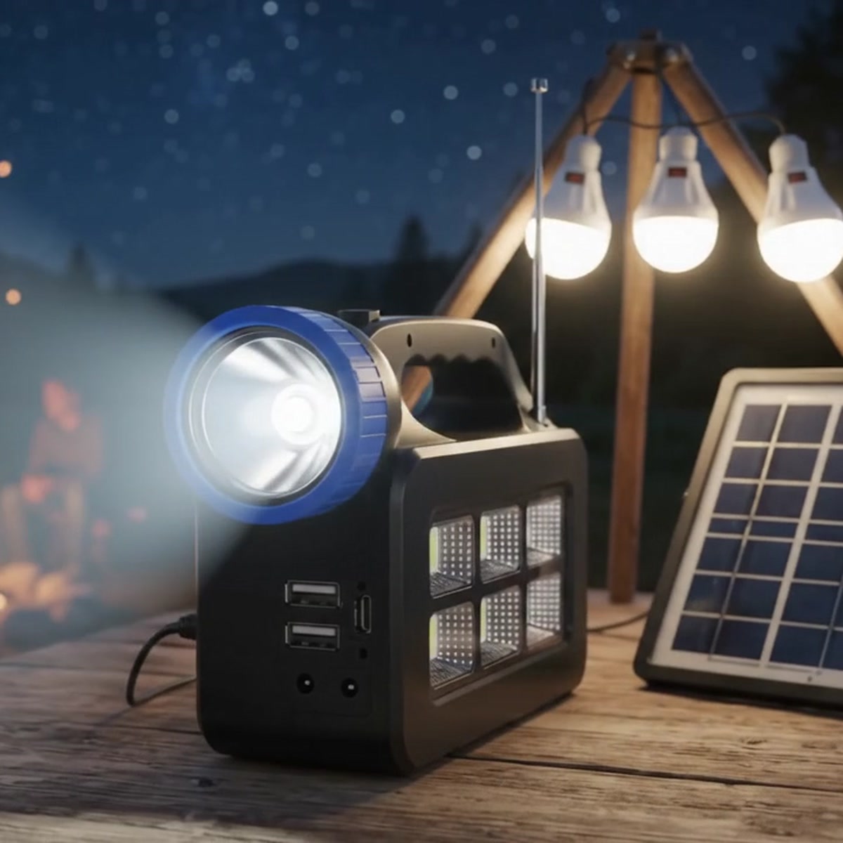 Foco LED potente encendido en camping