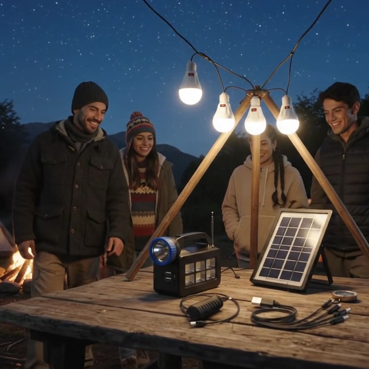 Amigos en camping iluminados con las 3 ampolletas