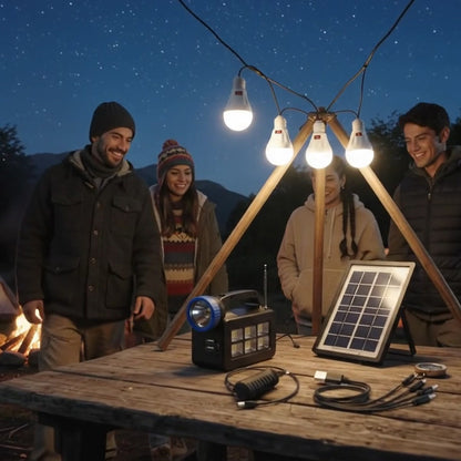 Amigos en camping iluminados con las 3 ampolletas