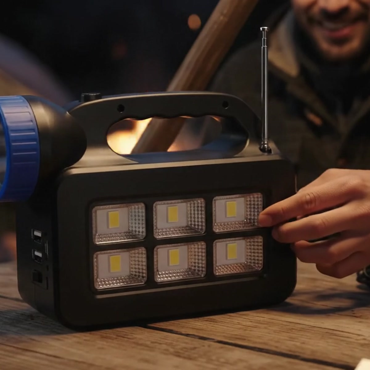 Encendiendo el panel LED en la mesa del camping
