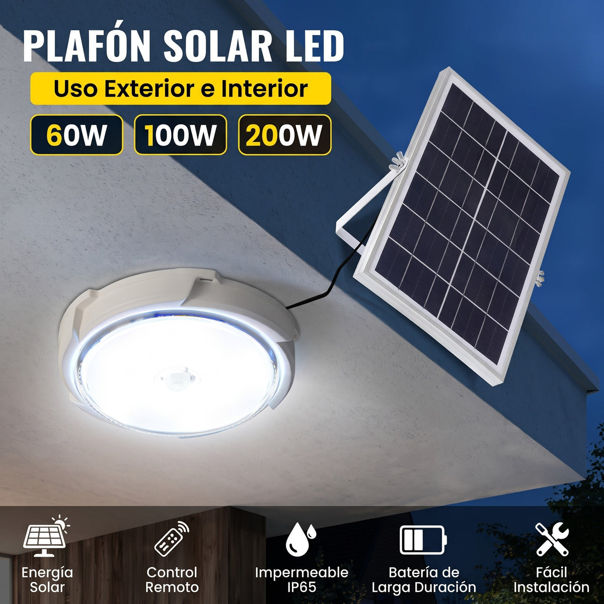 Plafón solar LED uso exterior e interior 60W 100W 200W con panel solar y control remoto